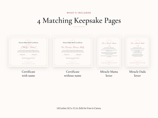 Heaven Baby Birth Certificate & Remembrance Letters (Editable Canva Template)
