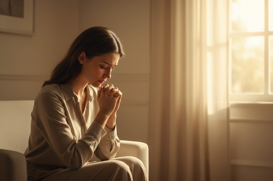 A woman bowed in grief by a window with golden light breaking through, finding hope in God after miscarriage