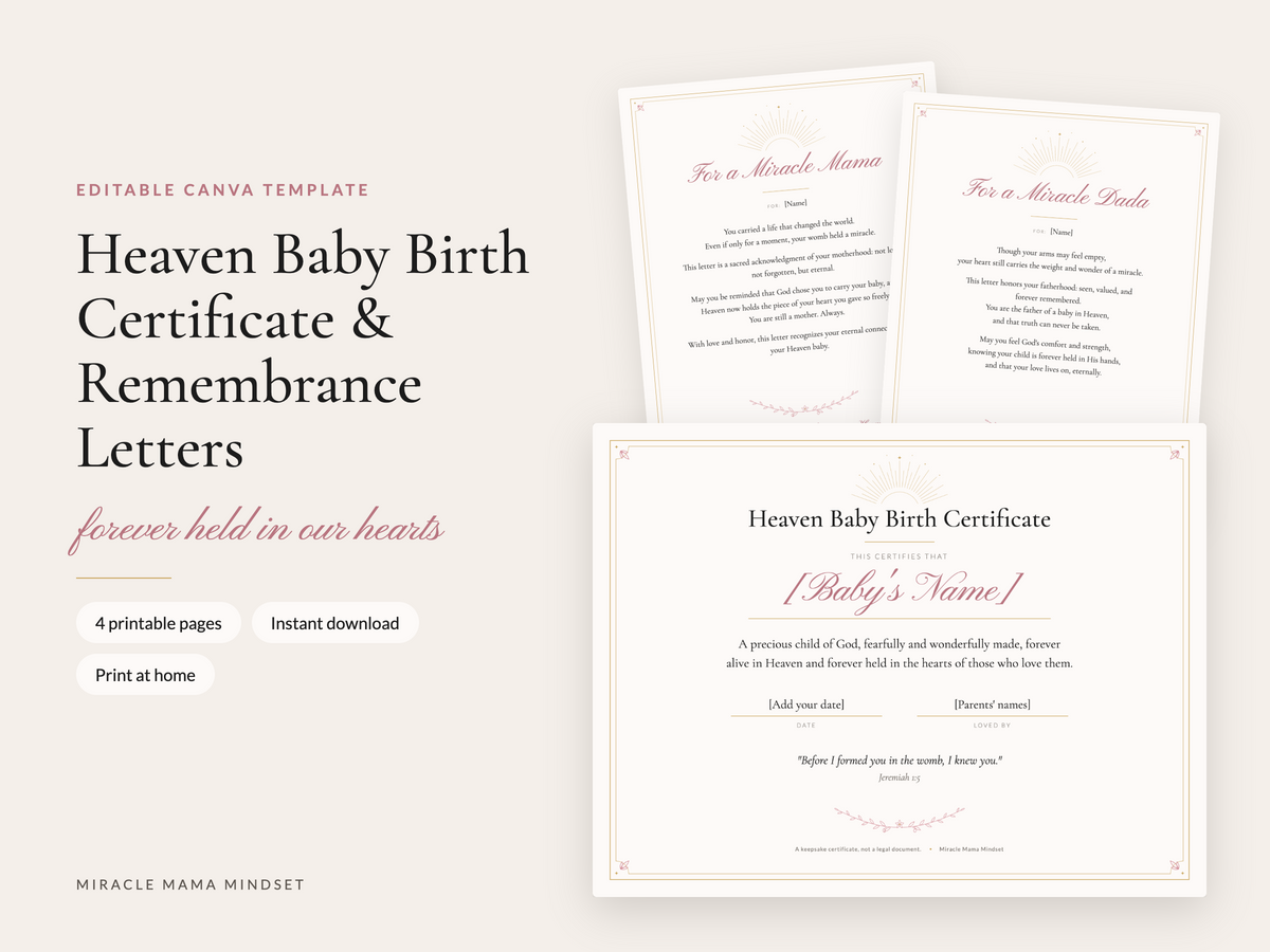 Heaven Baby Birth Certificate & Remembrance Letters (Editable Canva Template)