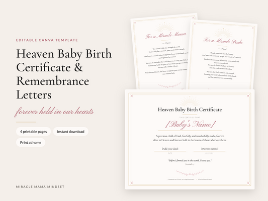 Heaven Baby Birth Certificate & Remembrance Letters (Editable Canva Template)