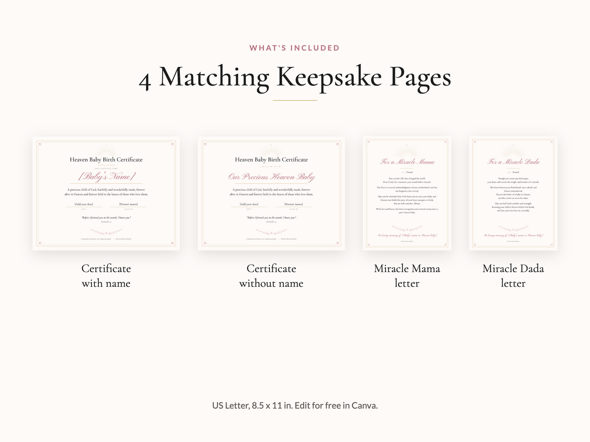 Heaven Baby Birth Certificate & Remembrance Letters (Editable Canva Template)