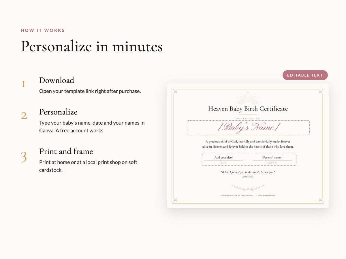 Heaven Baby Birth Certificate & Remembrance Letters (Editable Canva Template)