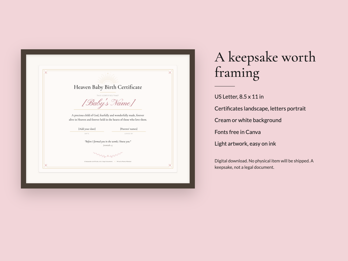 Heaven Baby Birth Certificate & Remembrance Letters (Editable Canva Template)