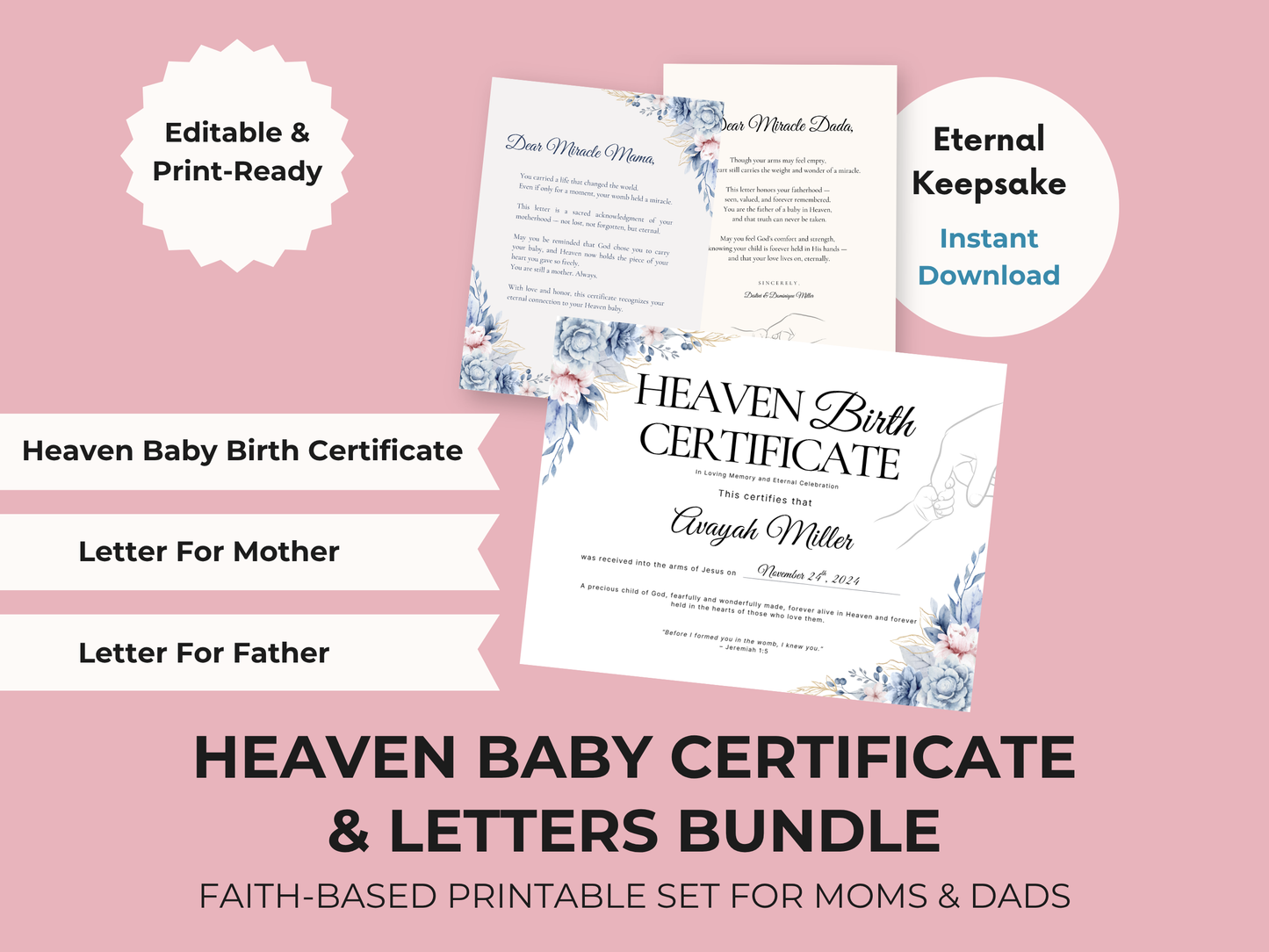 Heaven Baby Birth Certificate & Remembrance Letters (Editable Canva Template)