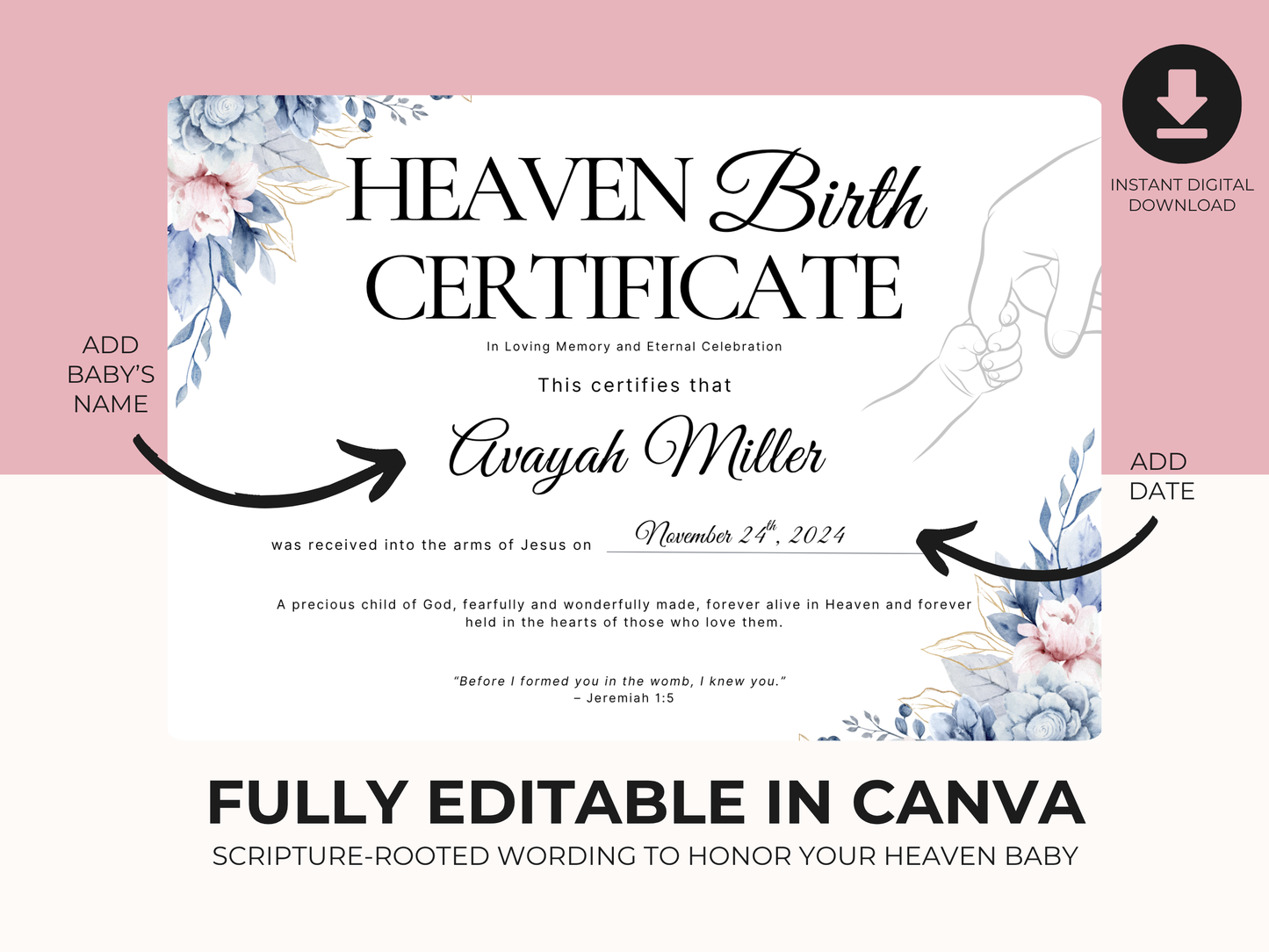 Heaven Baby Birth Certificate & Remembrance Letters (Editable Canva Template)