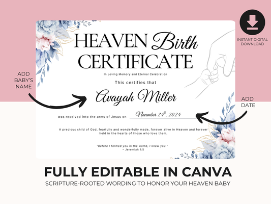Heaven Baby Birth Certificate & Remembrance Letters (Editable Canva Template)