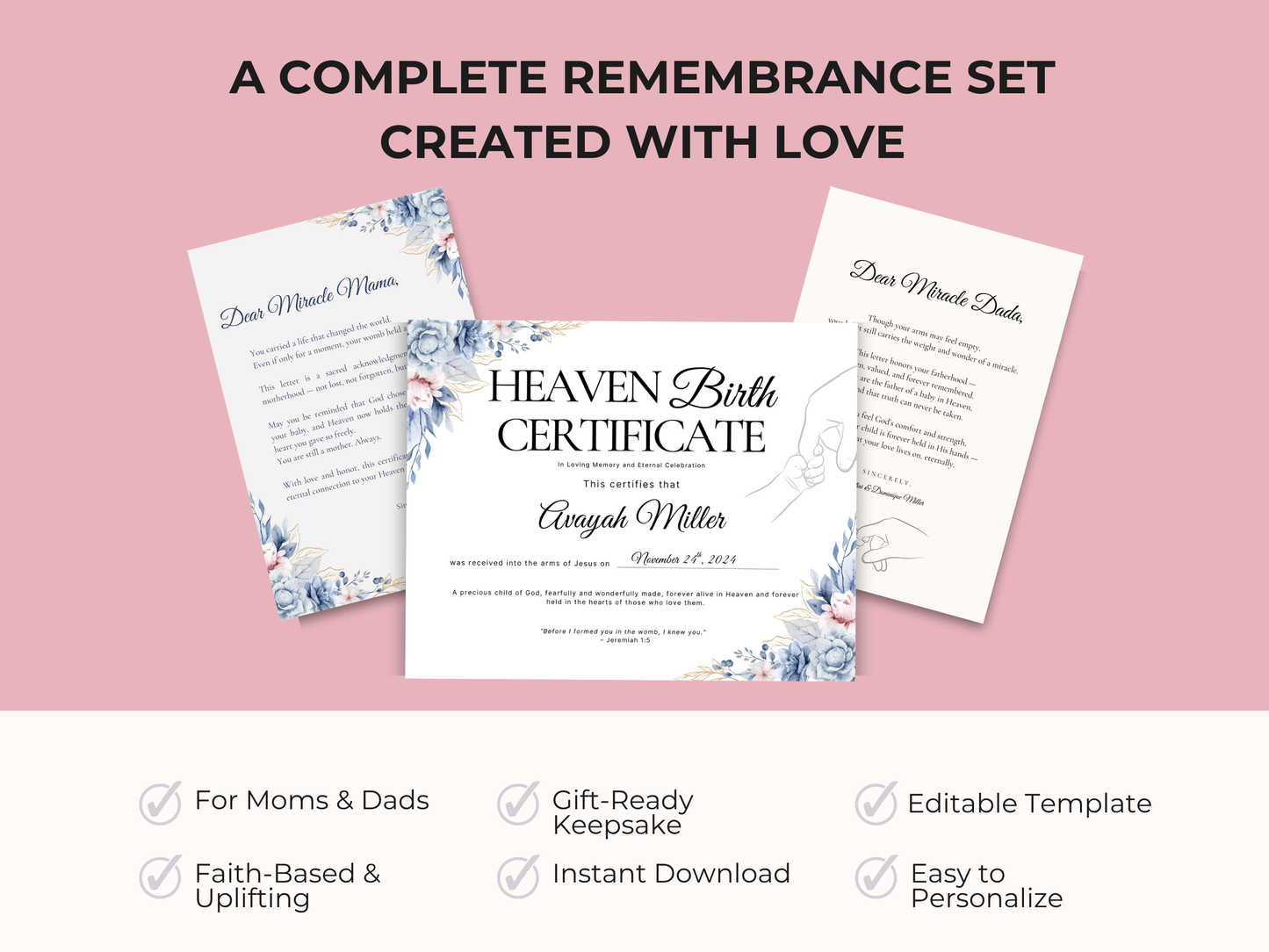 Heaven Baby Birth Certificate & Remembrance Letters (Editable Canva Template)